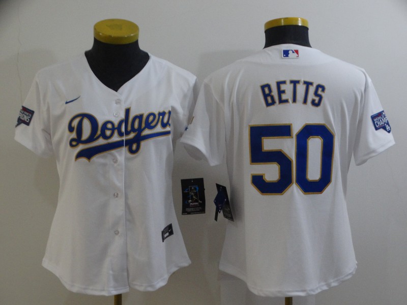 Women Dodgers 50 Mookie Betts White Nike 2021 Gold Program Cool Base Jersey,We sell and wholesale Women Dodgers 50 Mookie Betts White Nike 2021 Gold Program Cool Base Jersey on line form chian!